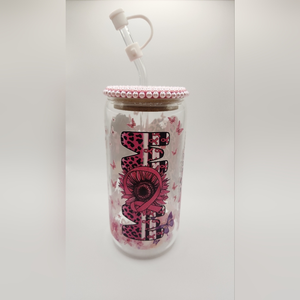 16oz Tumbler Cup (saying: Breast cancer warrior, Mom, faith over fear)